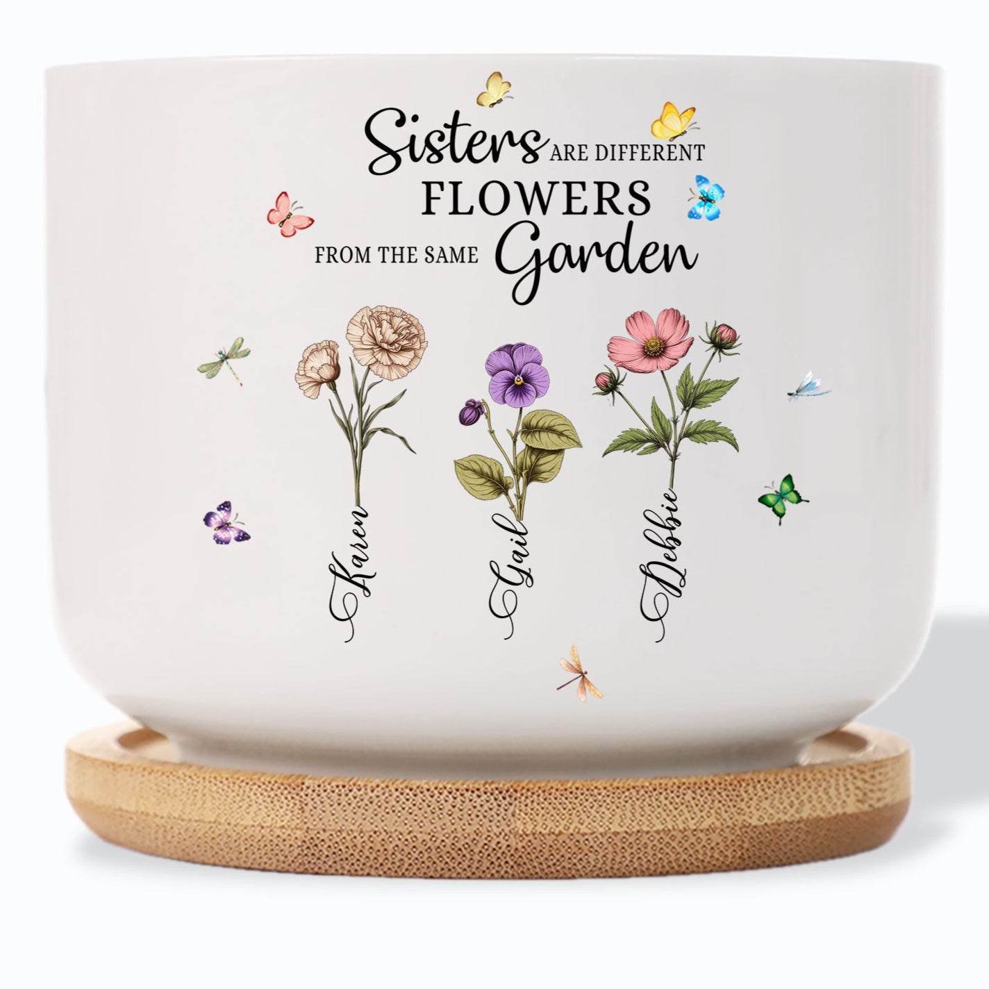 custom birth month flower plant pot Sisters: Different Flowers, Same Garden - Birth Month Flower Personalized  Plant Pot