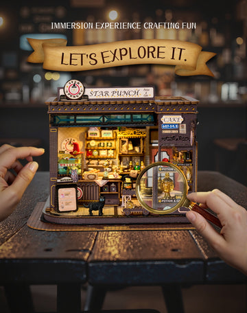 Magic Cafe Book Nook – DIY 3D Wooden Miniature Bookshelf Insert with LED Lights, Creative Puzzle Kit