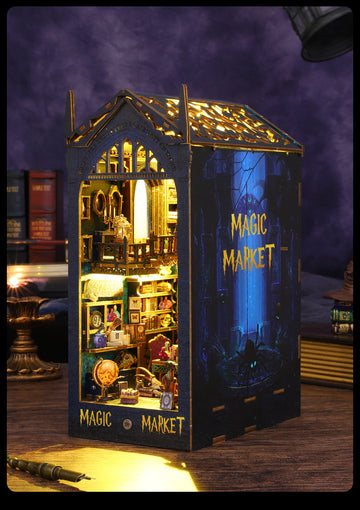 Enchanted Book Market Wizard shop Book Nook Kit – DIY Miniature Bookshelf Insert with Wooden Furniture