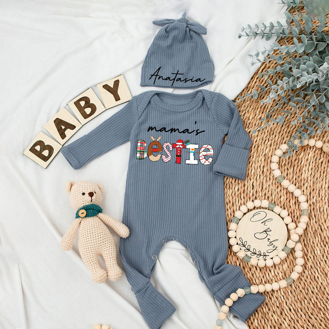 Custom Bestie Baby bodysuit and Hat Full Set, Newborn Set, Baby Shower Gift, Long Sleeve Bodysuit, Customized Name - LuthCreative