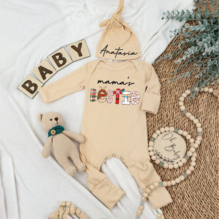 Custom Bestie Baby bodysuit and Hat Full Set, Newborn Set, Baby Shower Gift, Long Sleeve Bodysuit, Customized Name