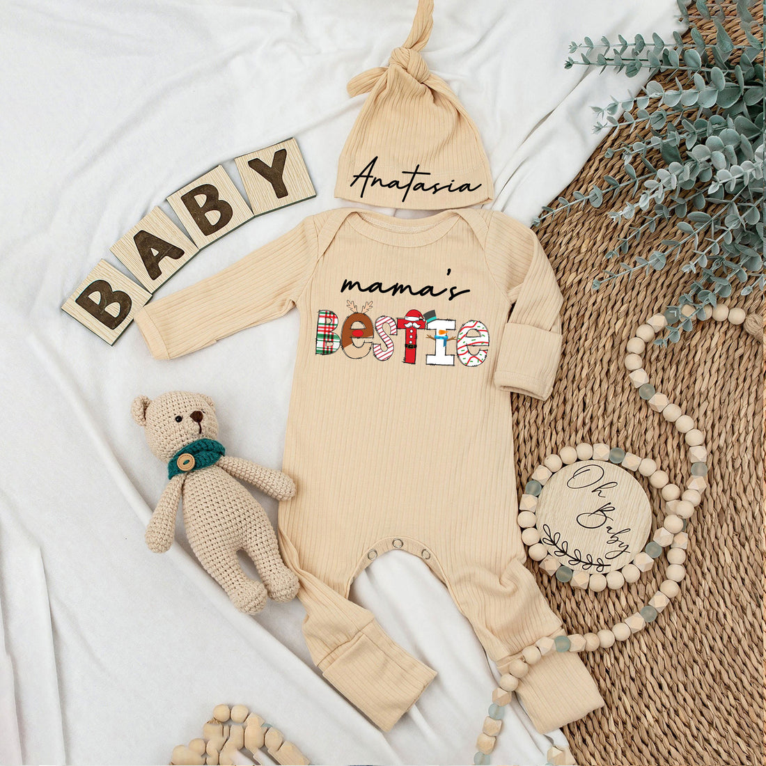 Custom Bestie Baby bodysuit and Hat Full Set, Newborn Set, Baby Shower Gift, Long Sleeve Bodysuit, Customized Name - LuthCreative