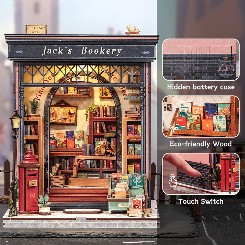 DIY 3D Book Nook Kit – Jack’s Bookery Bookshelf Insert, Miniature Wooden Bookstore with LED Lights, Touch Switch