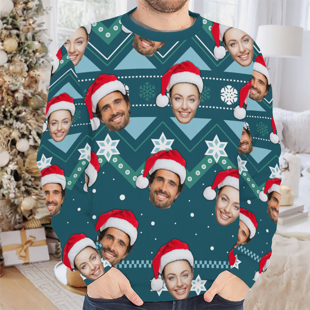 Front view of the custom face crewneck sweatshirt displayed flat on a festive white surface with wrapped gifts nearby.