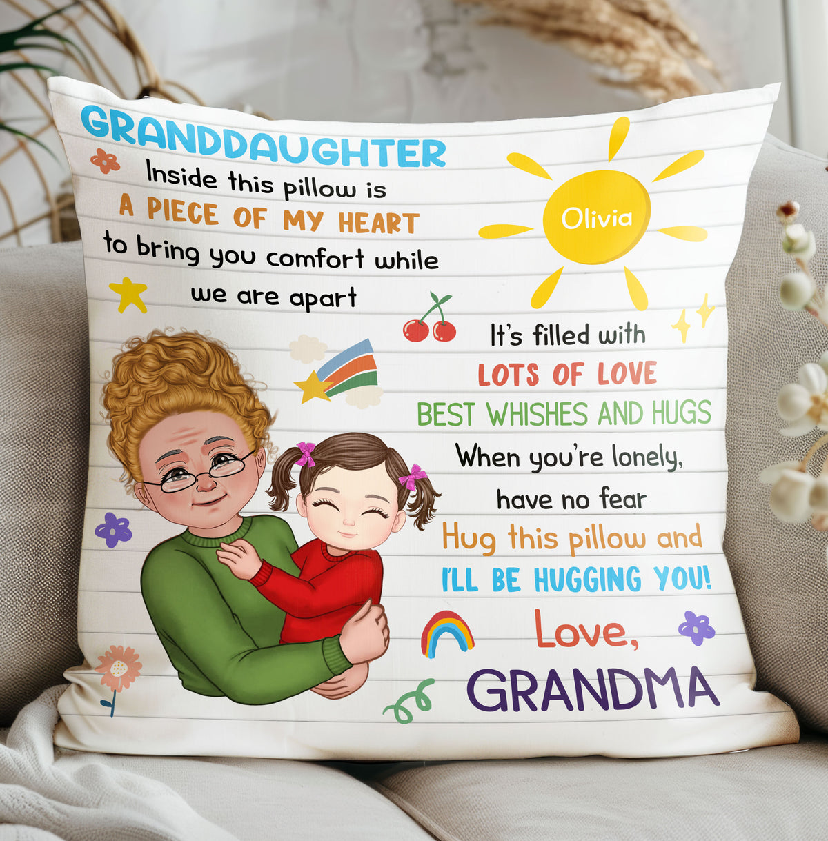 Personalized granddaughter pillow with lined notebook print, cartoon grandma hugging granddaughter, and sweet message.