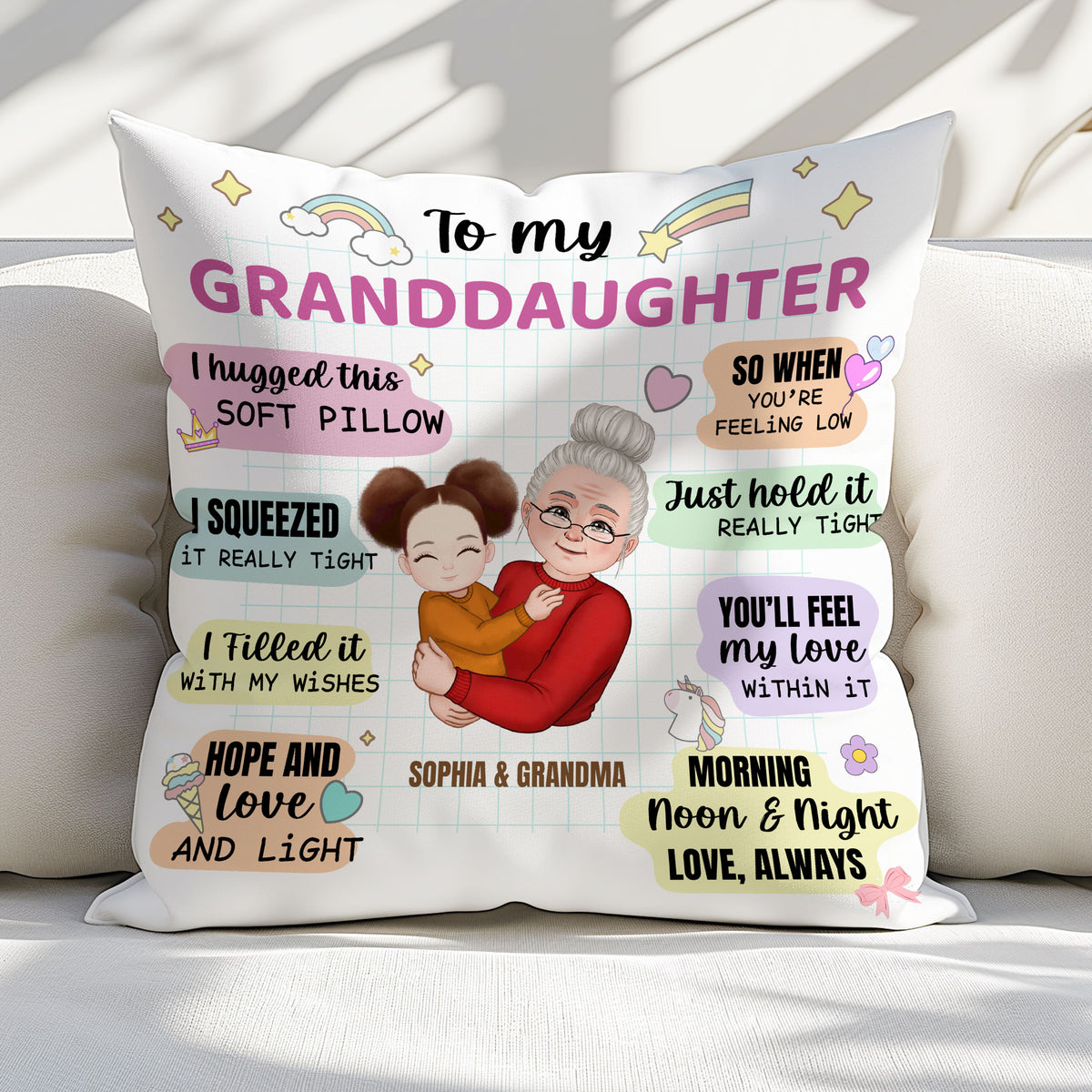 Personalized white flannel pillow with grandmother and granddaughter illustration, pastel text bubbles, and rainbow accents