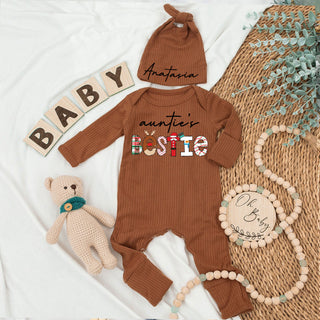 Custom Bestie Baby bodysuit and Hat Full Set, Newborn Set, Baby Shower Gift, Long Sleeve Bodysuit, Customized Name