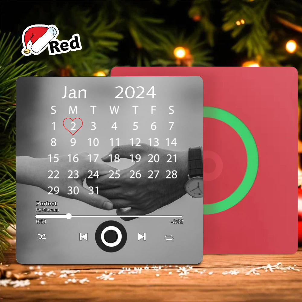 Two square fridge magnets shown side-by-side on a wooden surface against a festive Christmas tree background, one with front