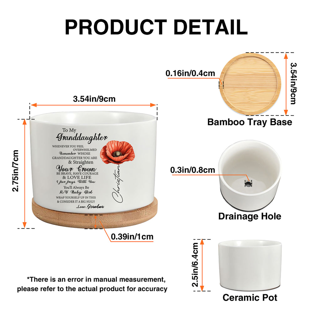 Product detail guide showing dimensions, white ceramic plant pot, bamboo tray base, and drainage hole.