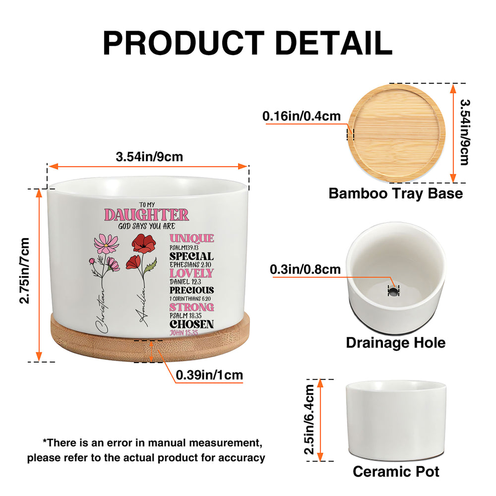 Product dimension diagram showing measurements, bamboo tray base, drainage hole, and white ceramic plant pot views.