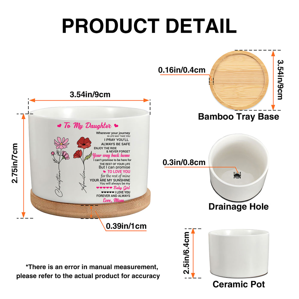 Product dimensions diagram showing white ceramic plant pot, bamboo tray base, and drainage hole with measurements.