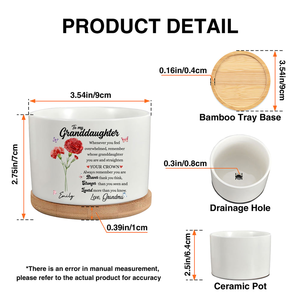 Product dimensions and details of the ceramic plant pot with bamboo tray base, drainage hole, and birth month flower design.