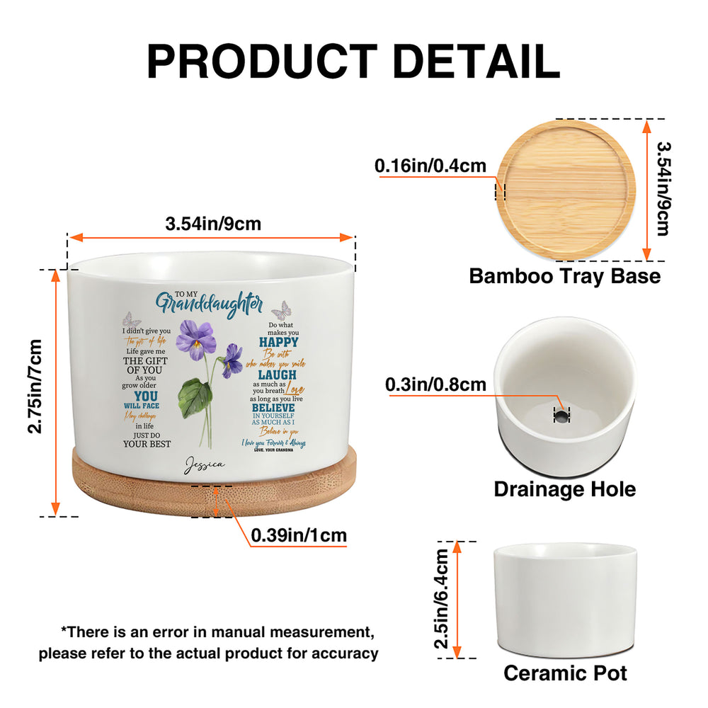Product detail diagram showing dimensions of the white ceramic plant pot, bamboo tray base, and drainage hole.
