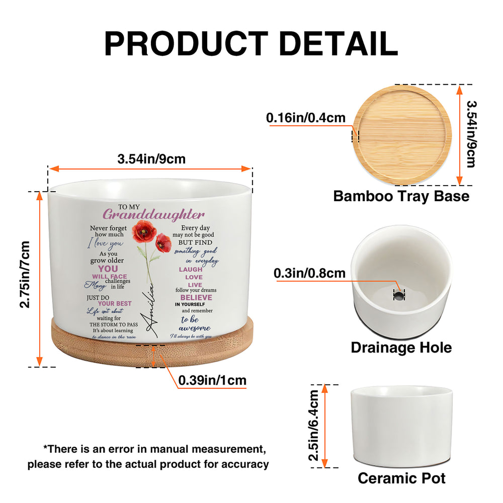 Product detail infographic showing dimensions of the personalized granddaughter ceramic plant pot and bamboo tray.