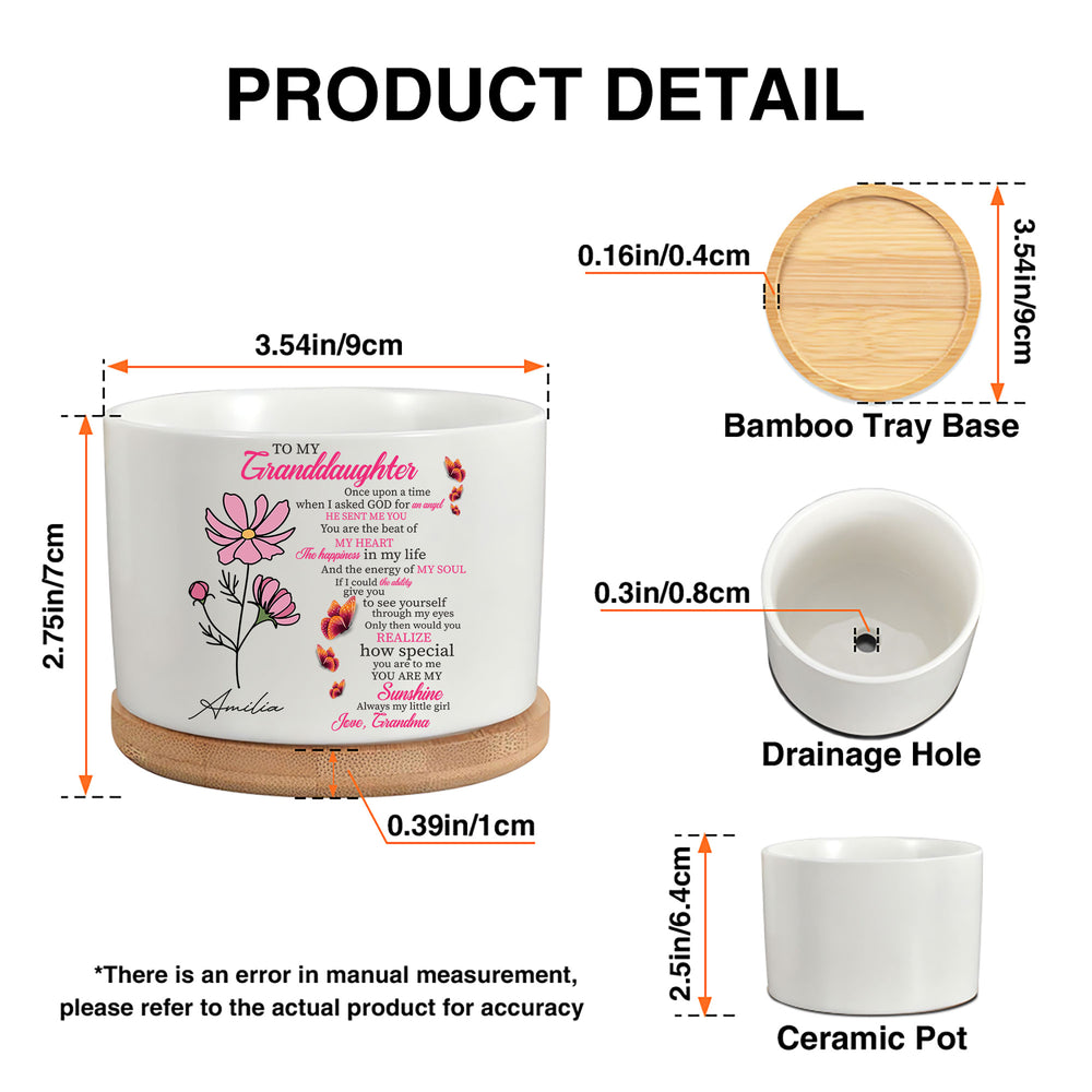 Personalized granddaughter plant pot dimension diagram showing ceramic pot size, drainage hole, and bamboo tray base