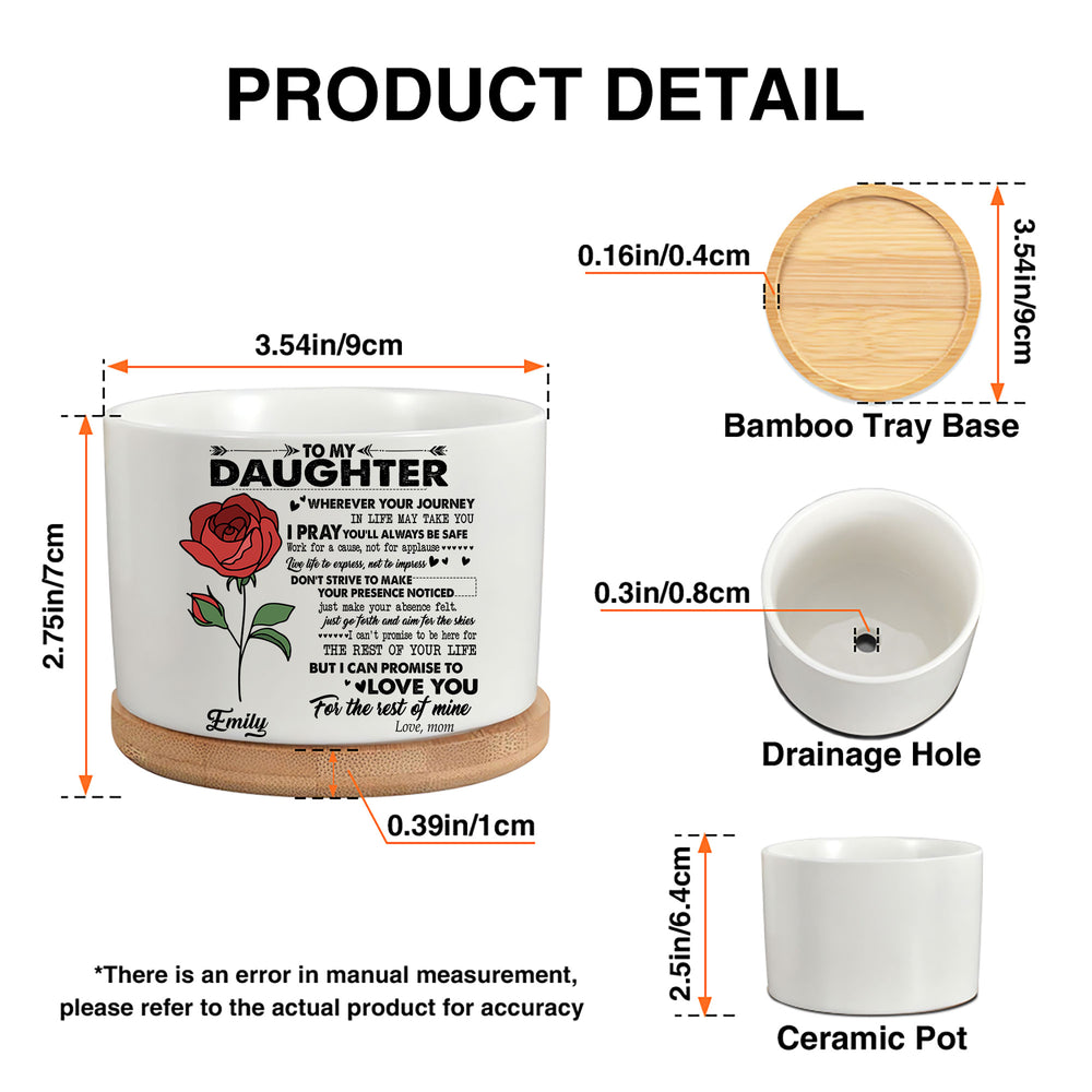 Product dimensions and details for birth month flower ceramic plant pot showing bamboo tray, drainage hole, and measurements.
