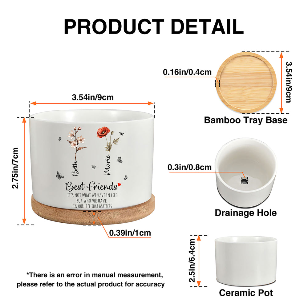 Product size diagram of the birth flower personalized plant pot showing dimensions, ceramic pot, drainage hole, and bamboo