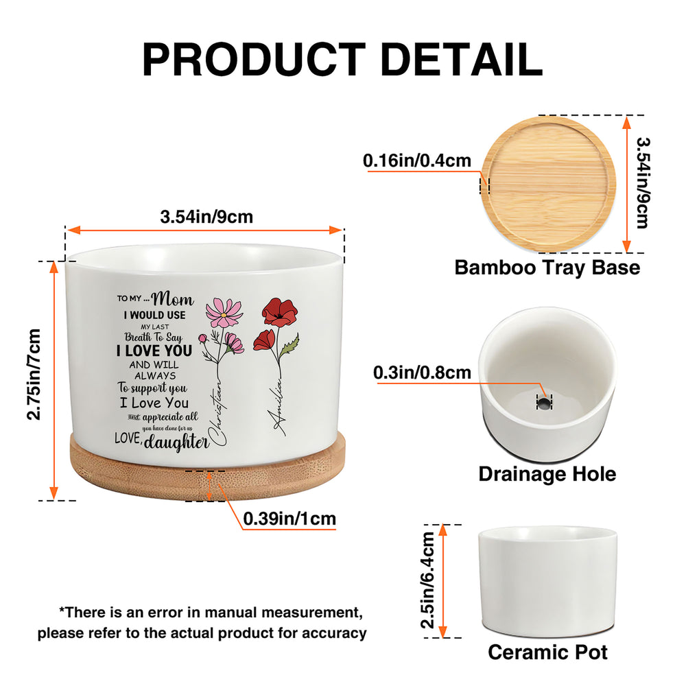 Product detail infographic showing dimensions of the ceramic plant pot, drainage hole, and the wooden bamboo tray base.