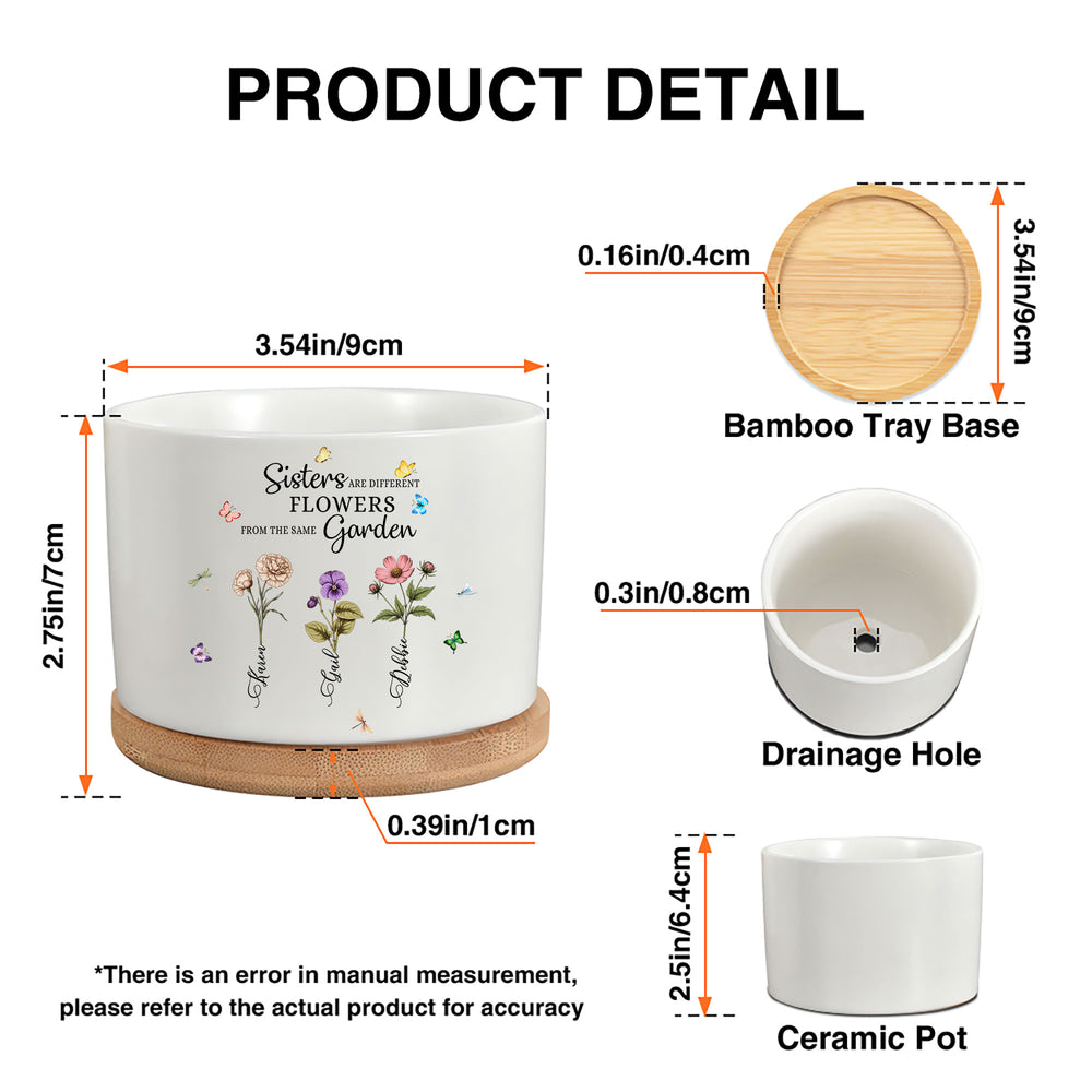 Diagram showing sizing dimensions, bamboo tray base, drainage hole, and ceramic plant pot with sister floral design.