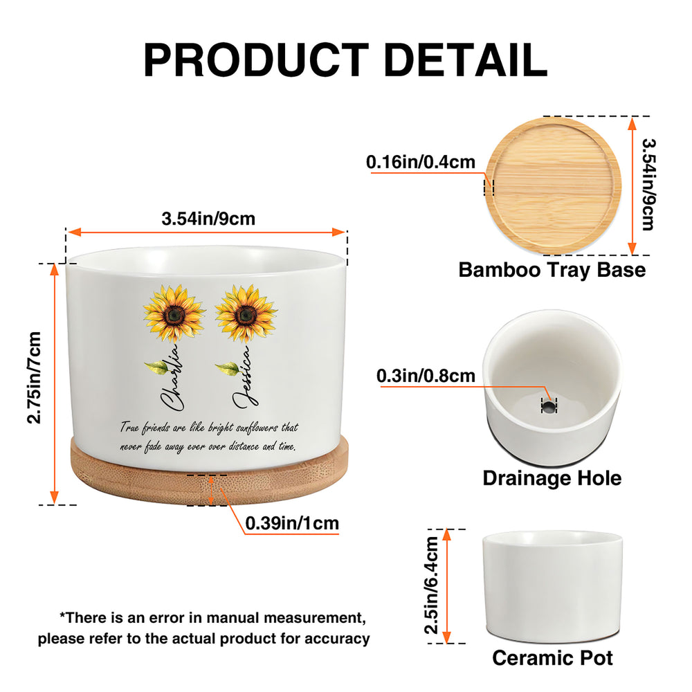 Product dimensions diagram of the personalized ceramic plant pot highlighting height, width, drainage hole, and bamboo tray.