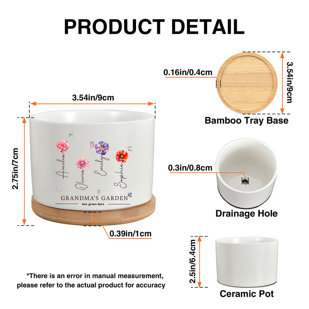 Product sizing diagram for ceramic plant pot showing dimensions, drainage hole, and bamboo tray base.