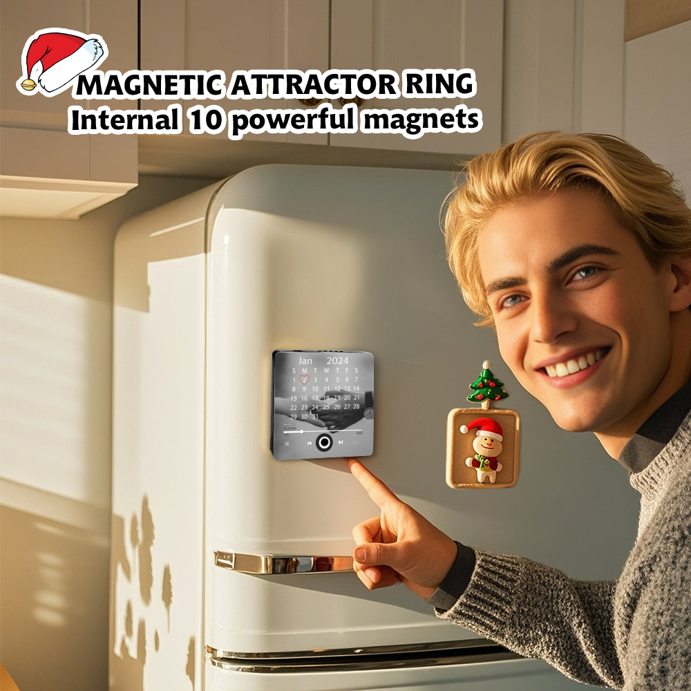 Blonde man smiling next to a white refrigerator displaying the custom square photo and music player fridge magnet.