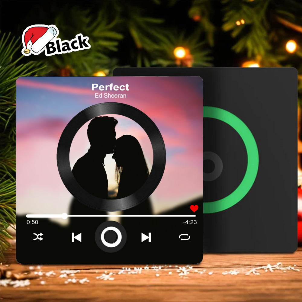 Black custom photo refrigerator magnet showing the front player interface and back speaker design