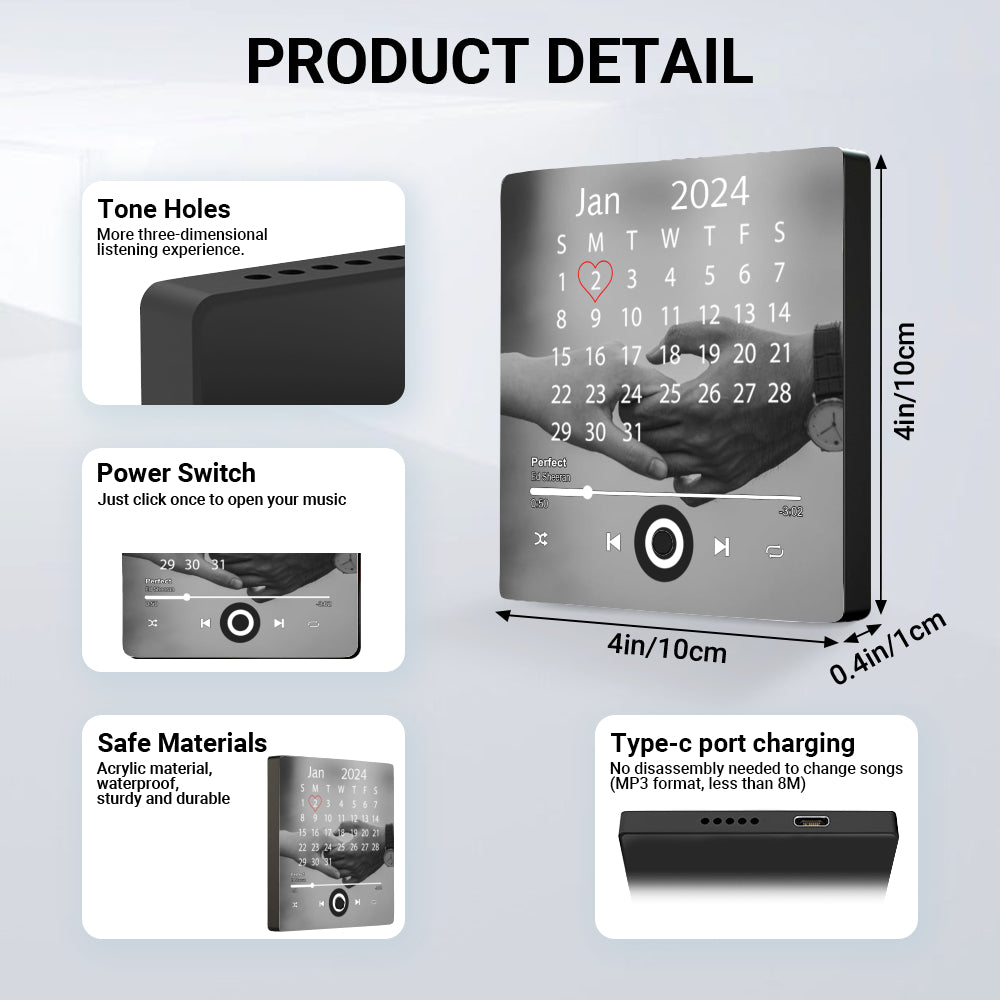 Product detail view of the square fridge magnet showing calendar grid, song playback controls, and dimensions of 4 by 4