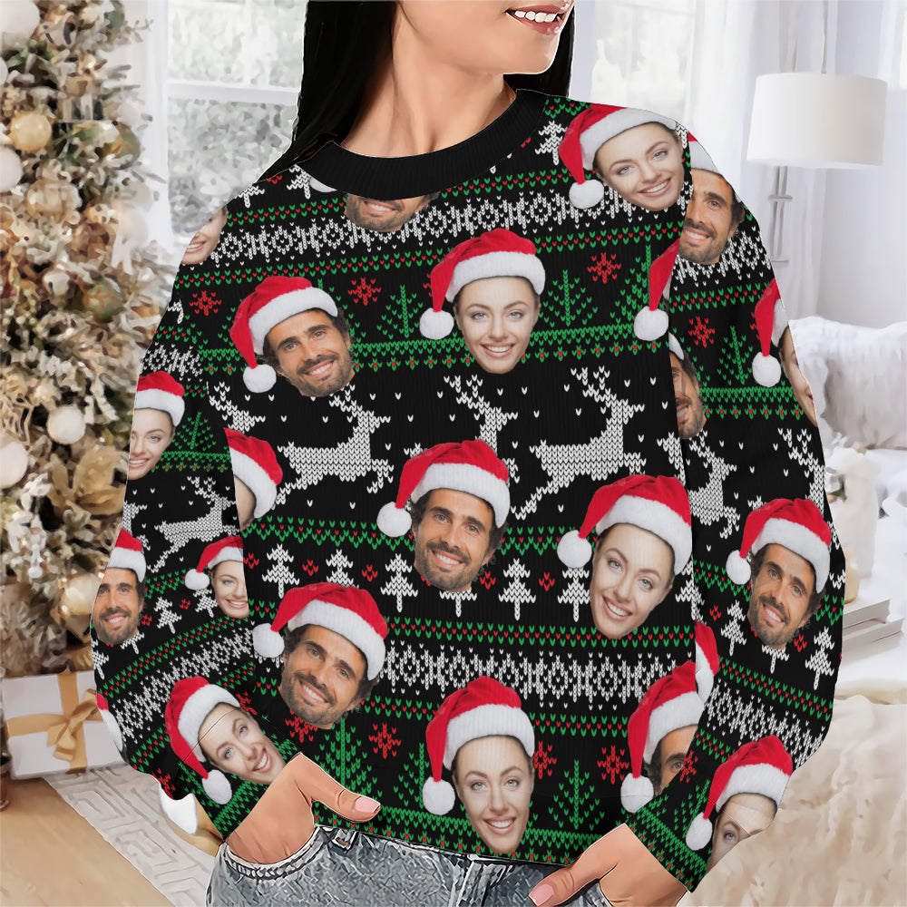 Close-up of black custom photo crewneck sweatshirt with repeating faces in Santa hats