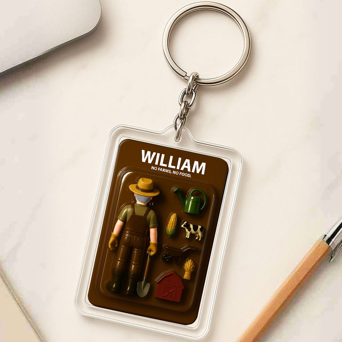 3D Style Farmer Keychain - Custom Father's Day Gift for Him "No Farms, No Food"
