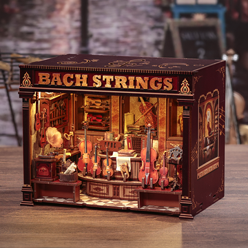 Bach Strings Music Book Nook – DIY Miniature Kit, 3D Wooden Bookshelf Insert & LED Lights, Classical Music Room Decor