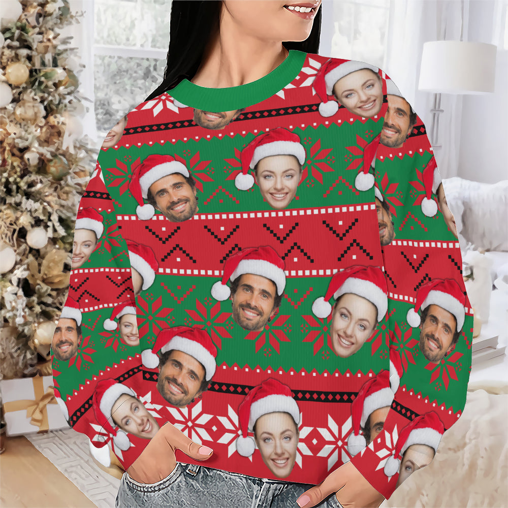 Personalized photo crewneck sweater worn by a person near a lit Christmas tree.