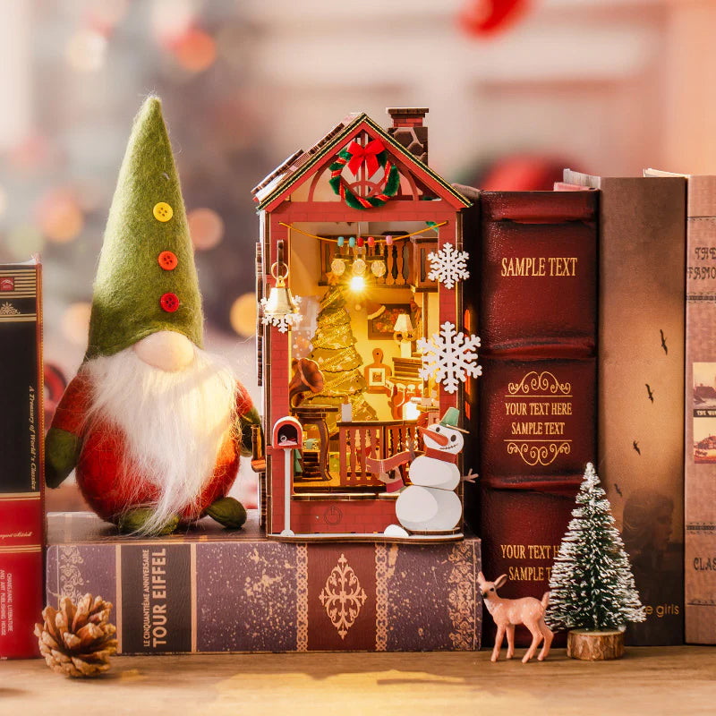 Enchanting Christmas Book Nook – Festive DIY Miniature Wooden Bookshelf Insert with Holiday Scene LED Lights
