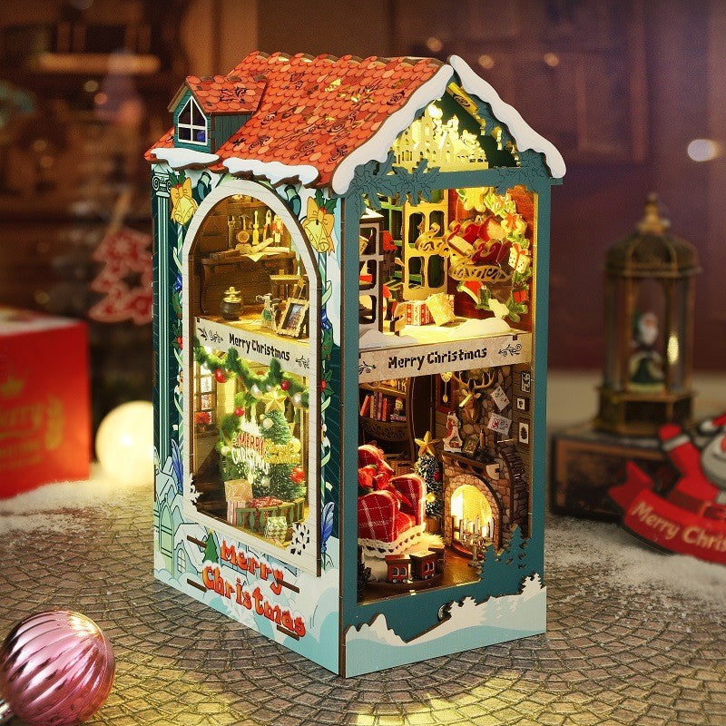 Christmas Magic DIY Book Nook – Miniature Wooden Bookstore Scene with LED Lights, Festive Decor, and Cozy Winter Vibes
