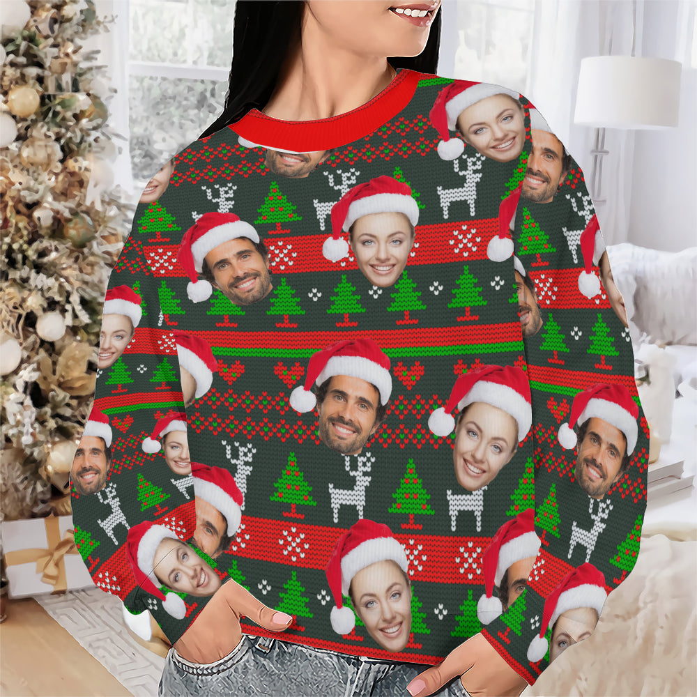 Close-up of a personalized face crewneck sweatshirt featuring a fair isle pattern with reindeer and Christmas trees.