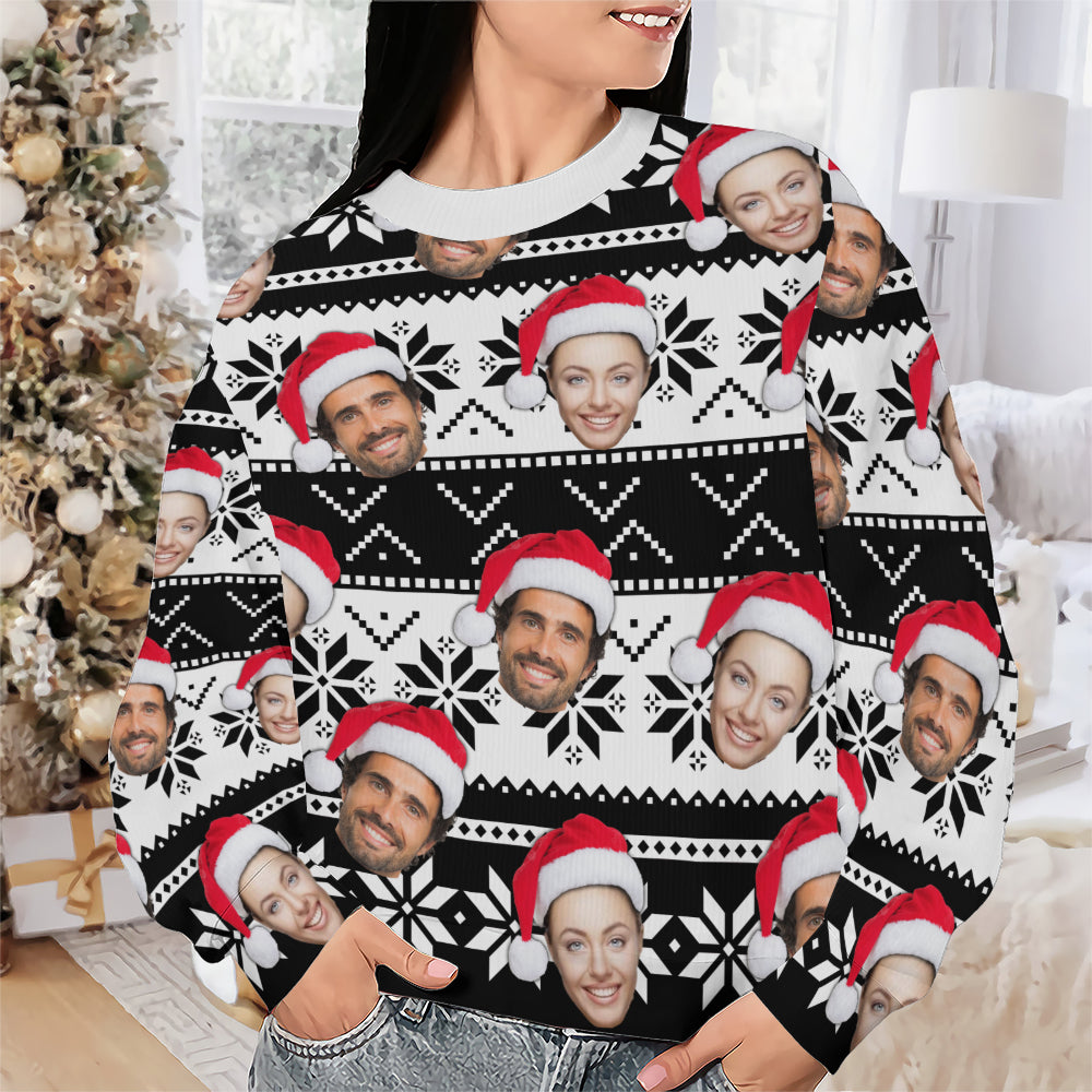 Flat lay of custom face Christmas sweater featuring a festive snowflake design on a black and white background.