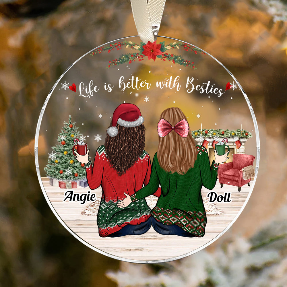 Besties Forever Ornament against a textured background, showing two illustrated friends with names Angie and Doll by a
