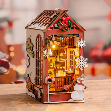 Enchanting Christmas Book Nook – Festive DIY Miniature Wooden Bookshelf Insert with Holiday Scene LED Lights