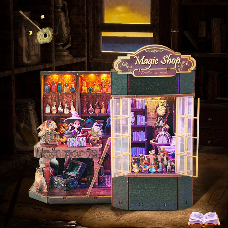 Enchanted Magic Shop Book Nook – 3D DIY Miniature Puzzle, Bookshelf Insert, Home Decor with LED Lights