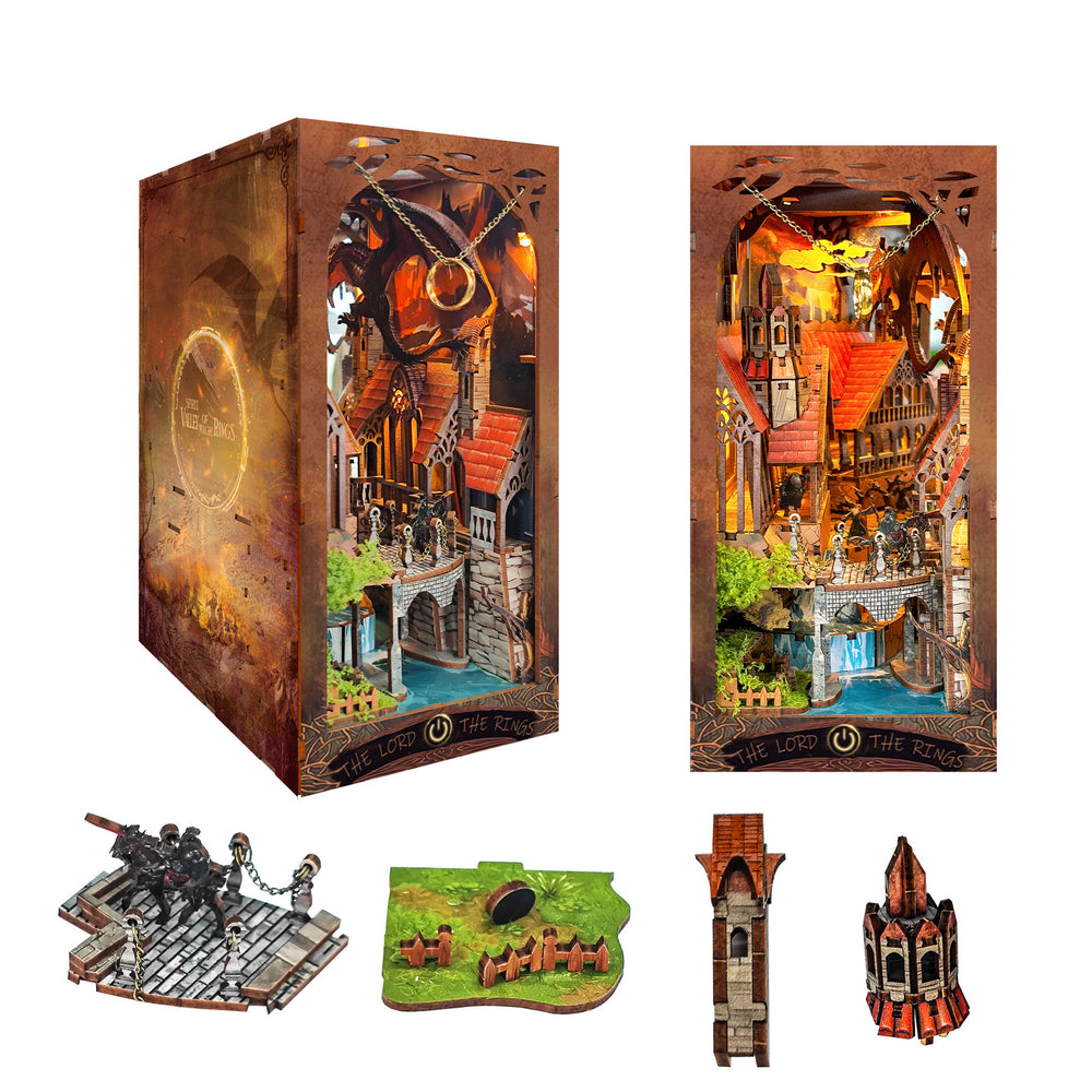 Lord of the Rings 3D wooden puzzle book nook kit alongside separated assembled miniature pieces.