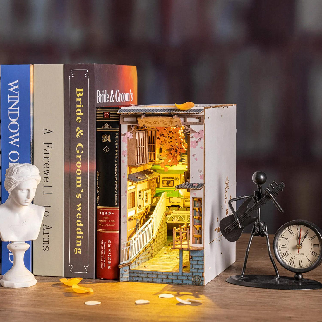 DIY Book Nook Kit: Illuminated Japanese Alley with Cherry Blossoms and Train