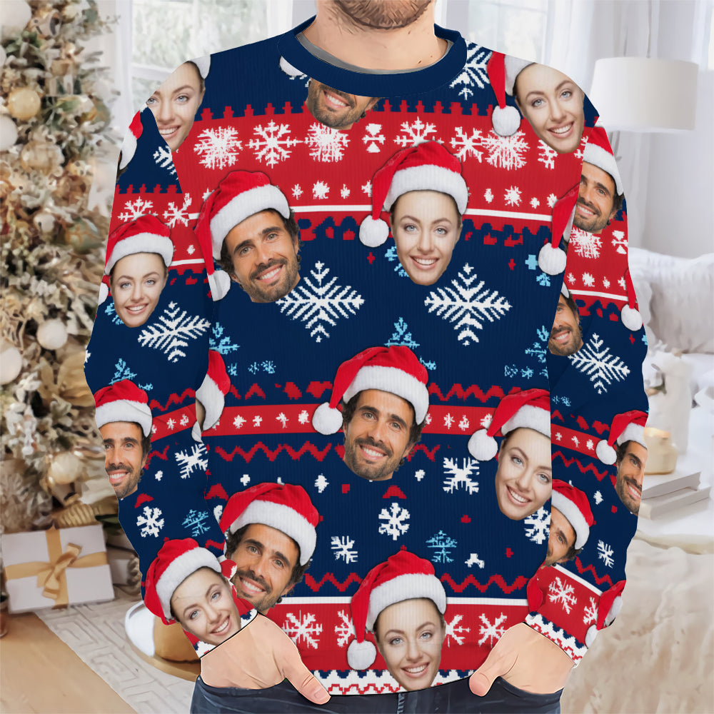 Close-up of a person wearing the personalized photo crewneck sweater featuring repeating face cutouts.