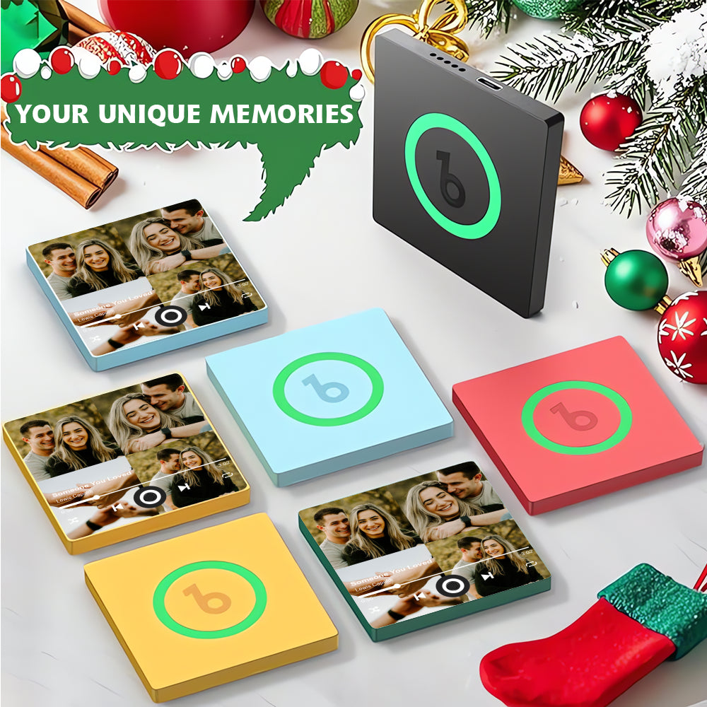 Collection of colorful square fridge magnets with various custom couple photos arranged on a white tabletop surrounded by