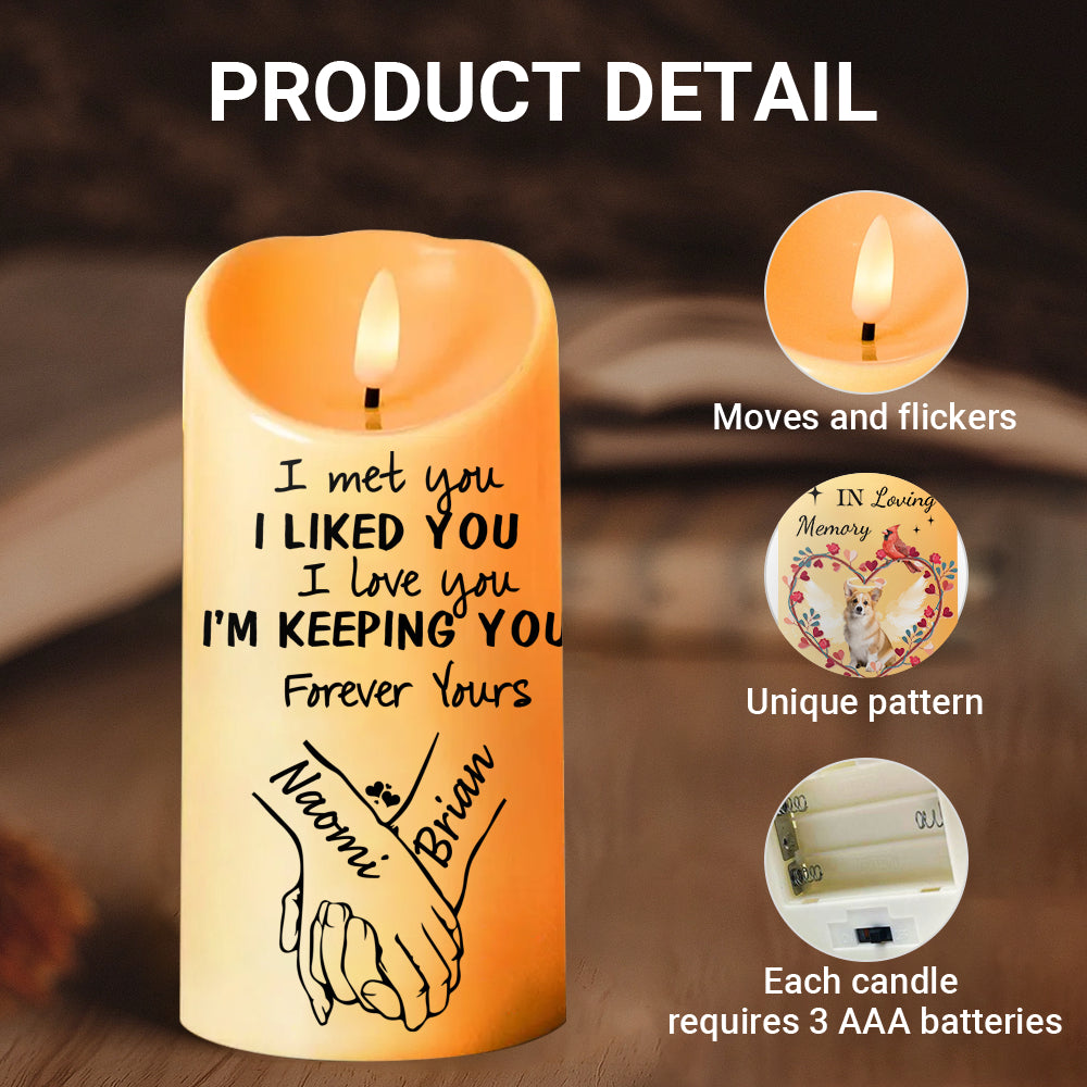 Product detail features of ivory LED candle highlighting flickering flame, custom print, and battery base.