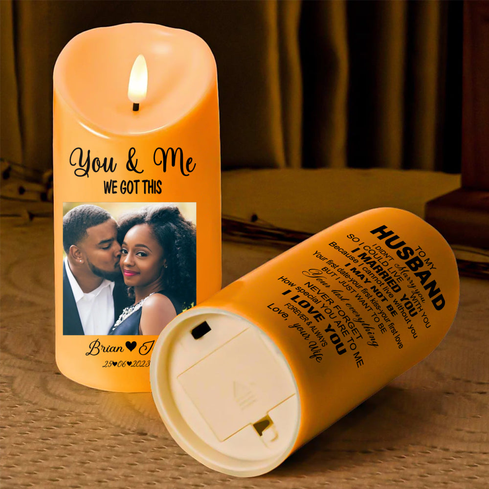 Personalized LED candle showing couple photo on front and 'To My Husband' poem on back, with visible battery compartment.