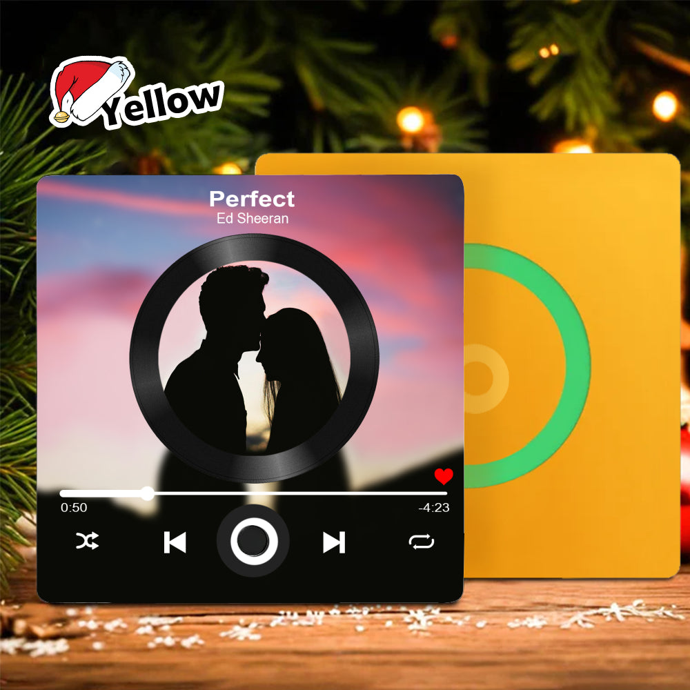 Yellow custom photo refrigerator magnet displayed with front song interface and solid back view