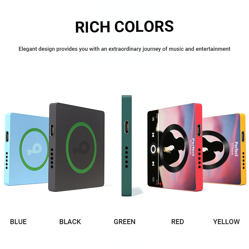 Lineup of five custom music player fridge magnets in blue, black, green, red, and yellow colors