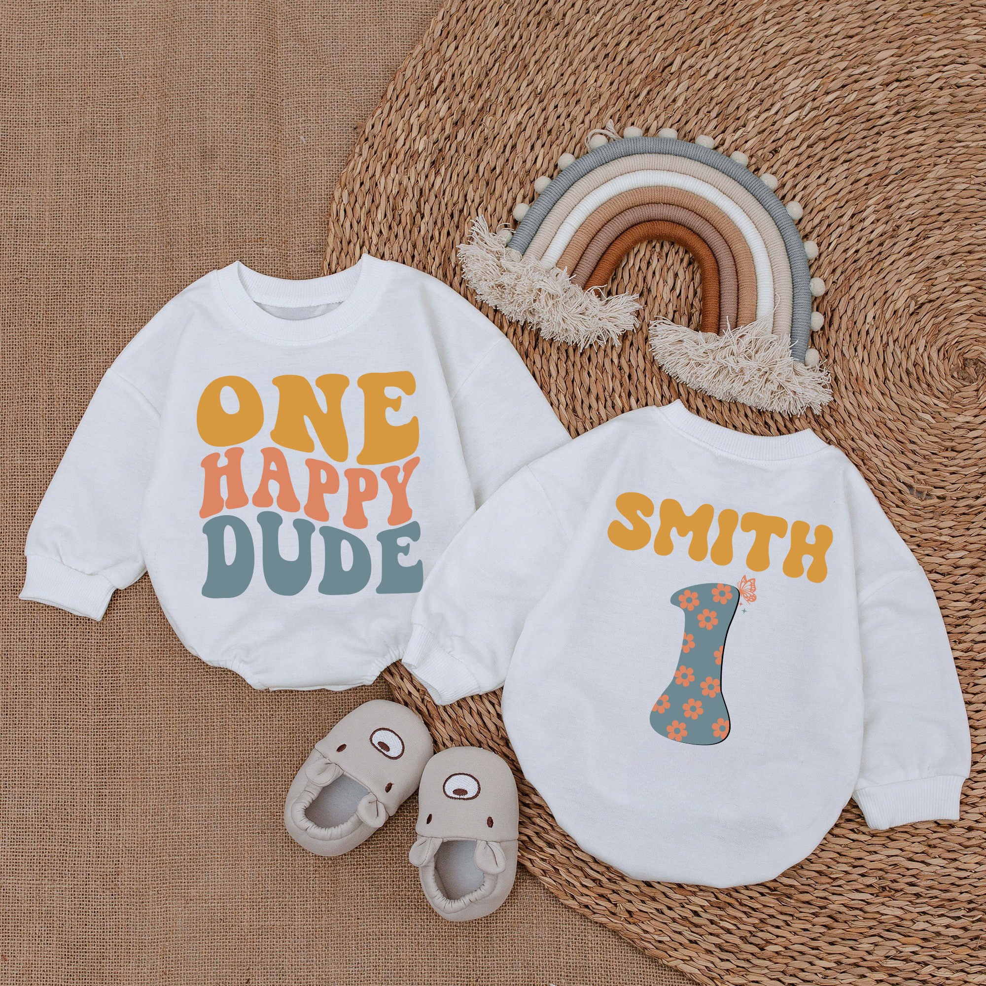 Baby Romper Long Sleeve Customize One Happy Dude Personalized Custom Babysuit - Gift For Baby - LuthCreative