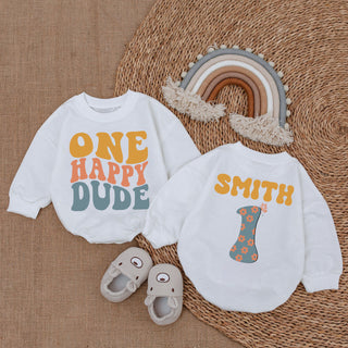 Baby Romper Long Sleeve Customize One Happy Dude Personalized Custom Babysuit - Gift For Baby