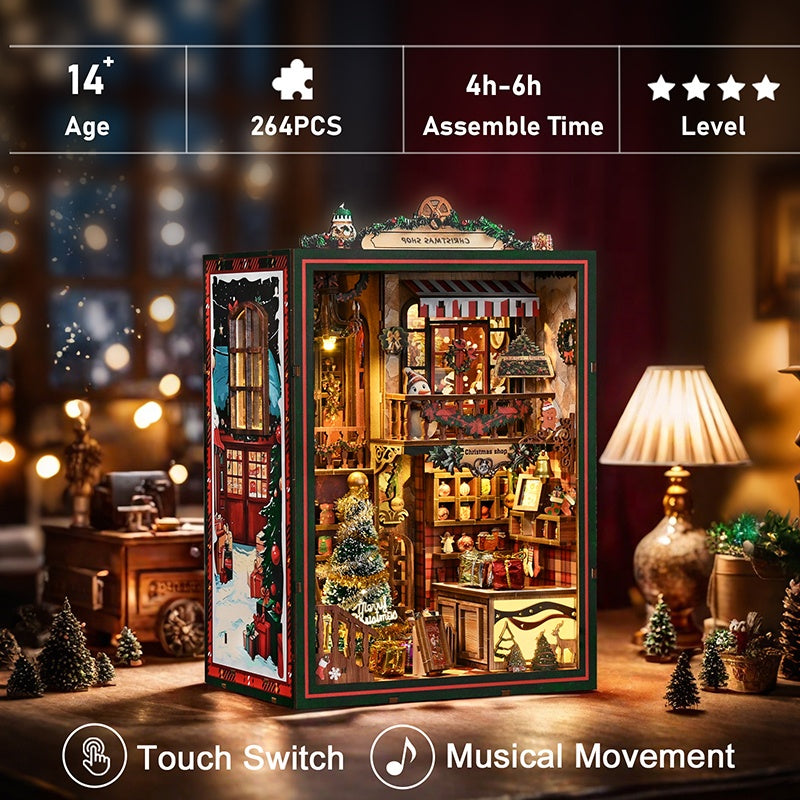 Enchanted Library 3D DIY Book Nook – Miniature Wooden Bookstore Puzzle Kit with LED Lights, Touch Switch, Creative Bookshelf Decor
